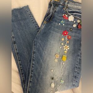 Aqua Blue Skinny Jeans with Multicolor Floral butterfly Embellishments NWT Sz 28